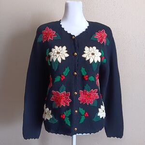 Bechamel Vintage Holiday Heavy Knit Poinsettia Flower Cardigan 90s Christmas PM